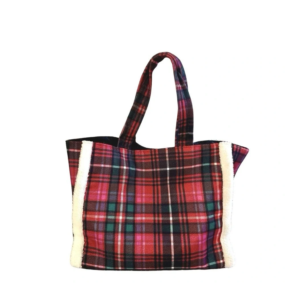 Victoria's Secret Plaid Sherpa Tote Bag Double Handles, Cozy‎ Winter Style
